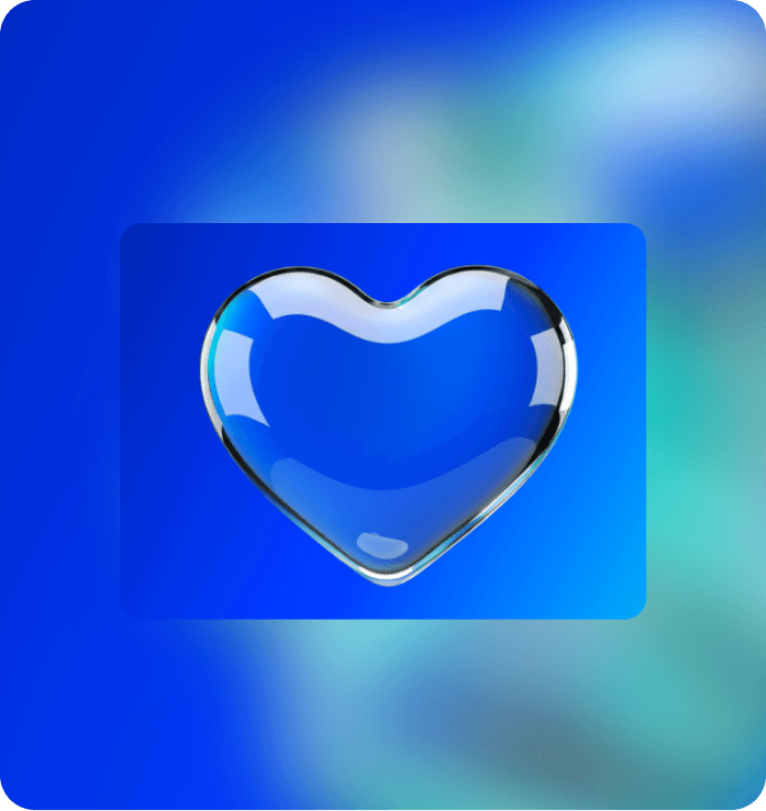 Blue glass heart icon on a blue gradient background, symbolizing trust and connection